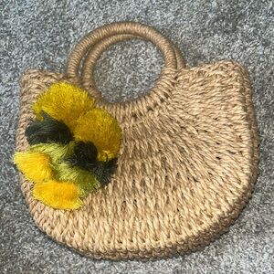 Handcrafted Tan Woven Bag with Yellow Boho Accent